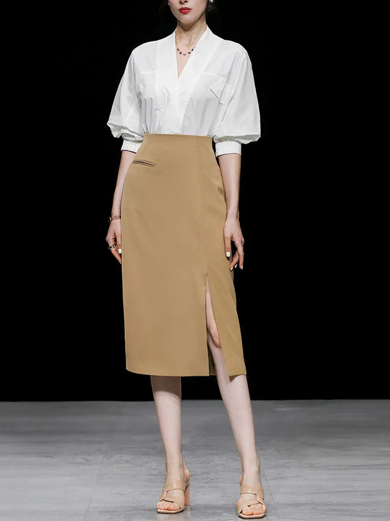 2PS V Neck White Shirt And Khaki Split Sexy Bodycon Skirt Suit