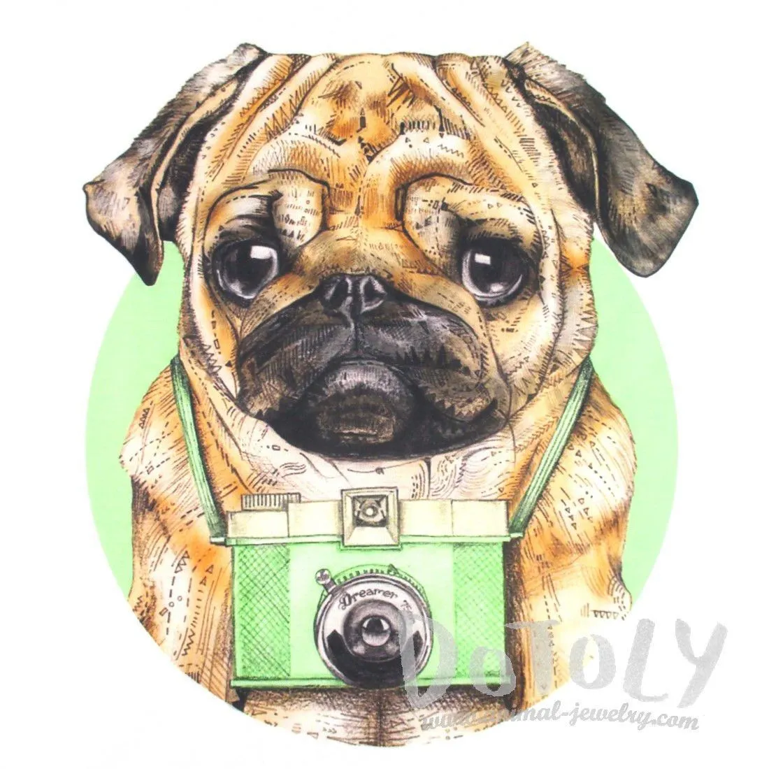 Adorable Hipster Pug Photographer Illustrated Graphic Print T-Shirt | DOTOLY