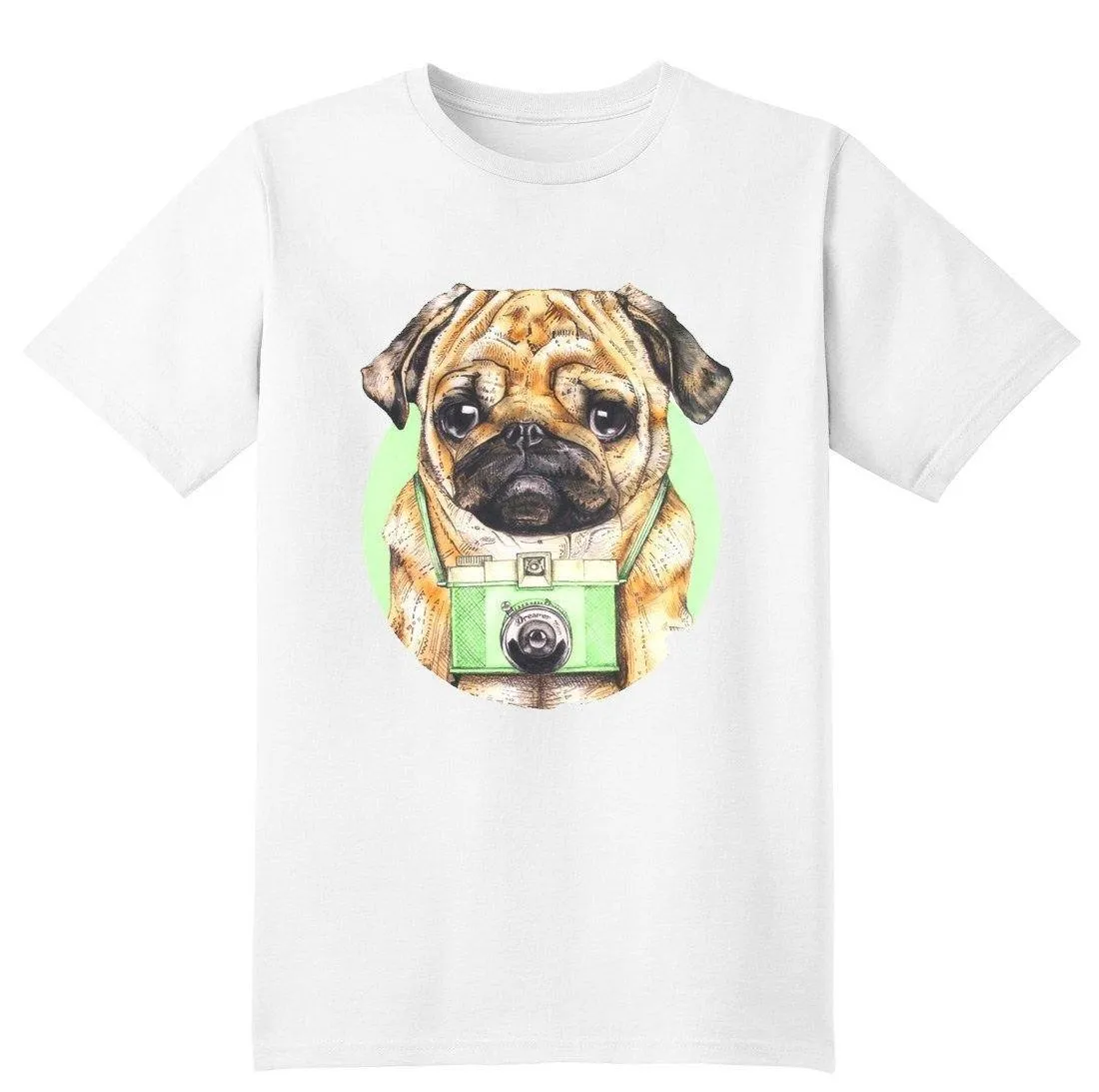 Adorable Hipster Pug Photographer Illustrated Graphic Print T-Shirt | DOTOLY