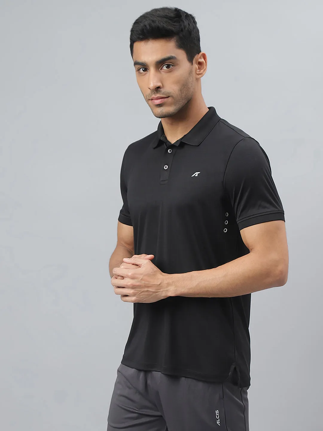 Alcis Men Black Drytech  Anti-Static Slim-Fit Running Polo T-Shirt