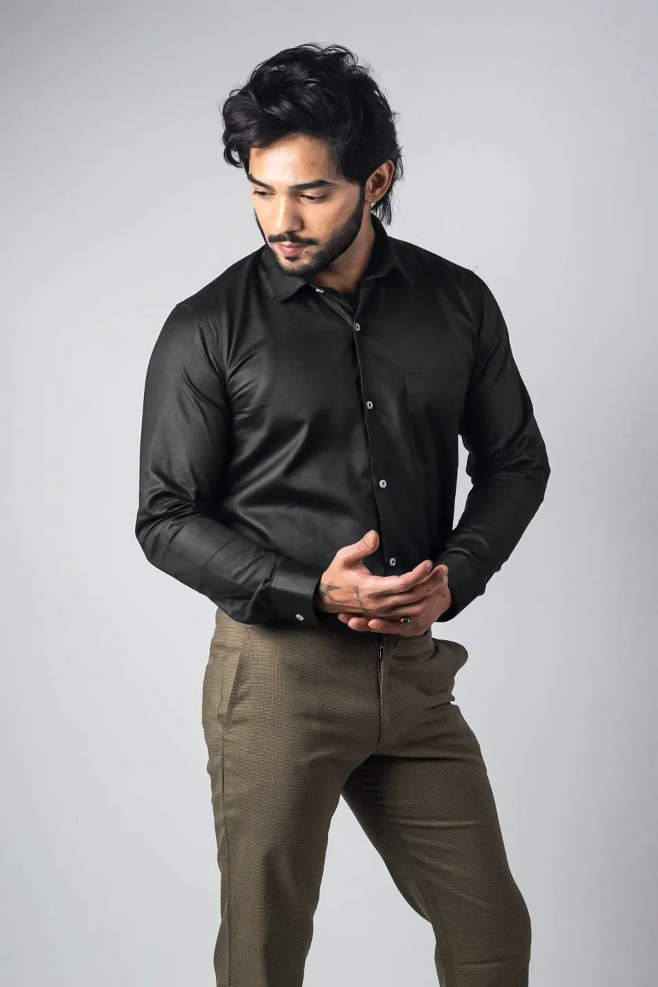 Black Color Micro Checks Texture Satin Cotton Shirt For Men