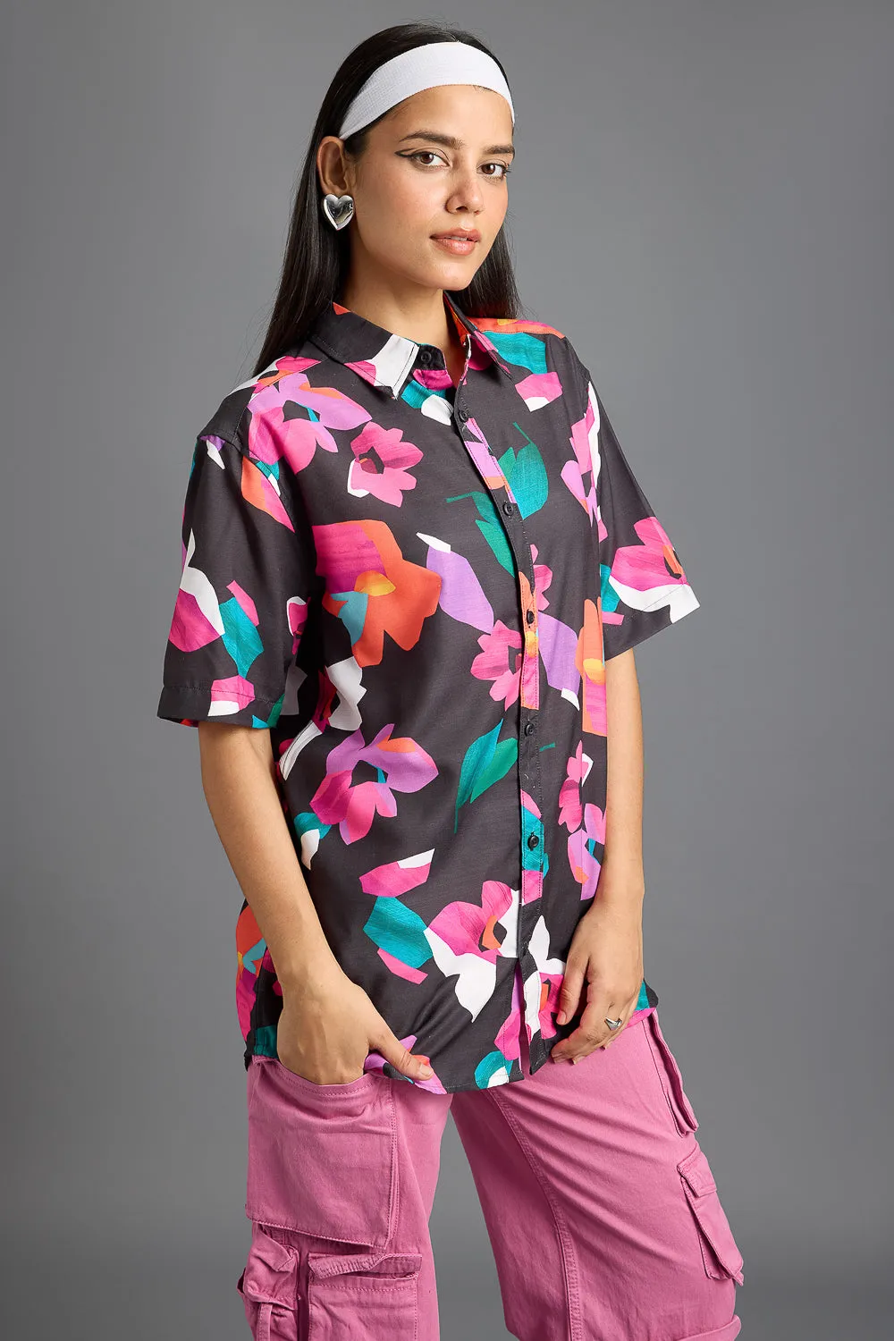 Black Pink Printed Women's Resort Shirt