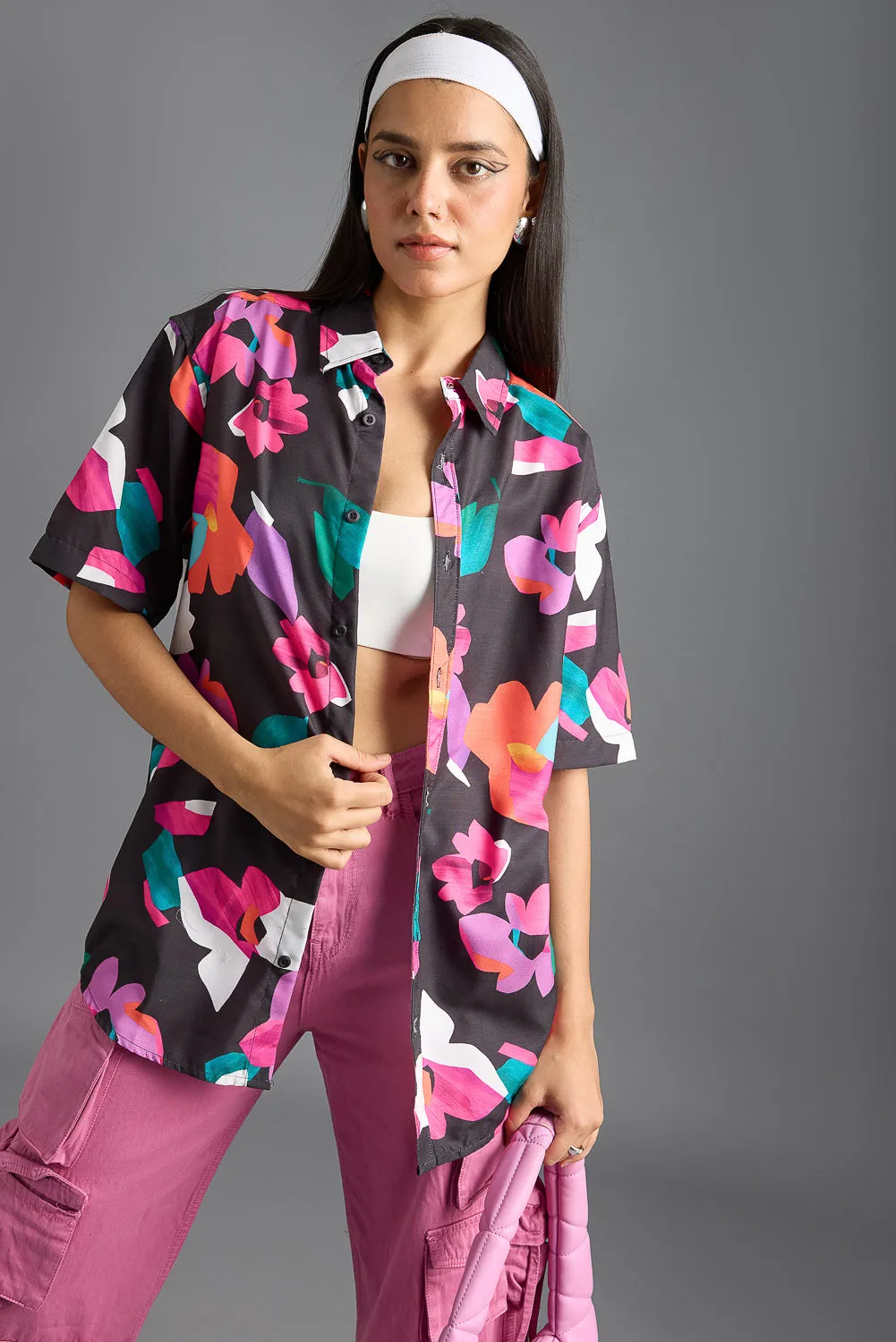 Black Pink Printed Women's Resort Shirt