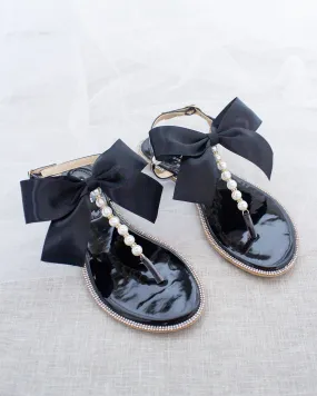 Black T-Strap Pearl Sandals with Rhinestones Embellishments and Oversized Satin Bow