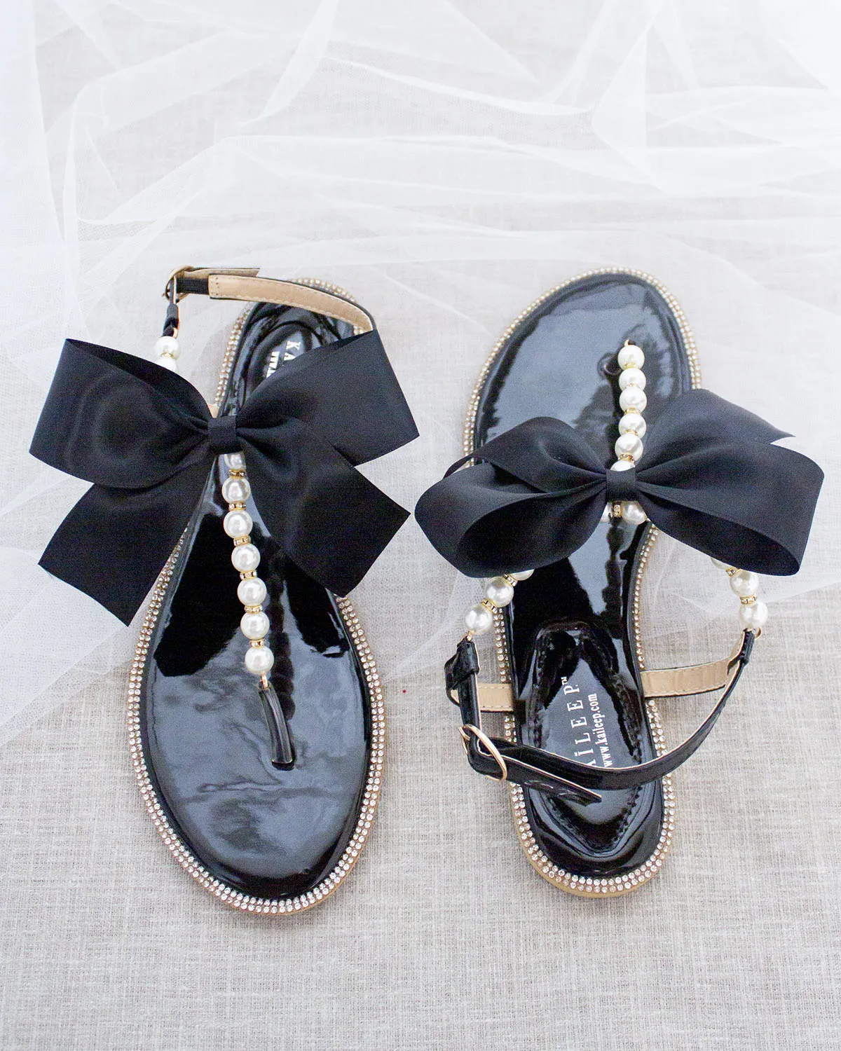 Black T-Strap Pearl Sandals with Rhinestones Embellishments and Oversized Satin Bow