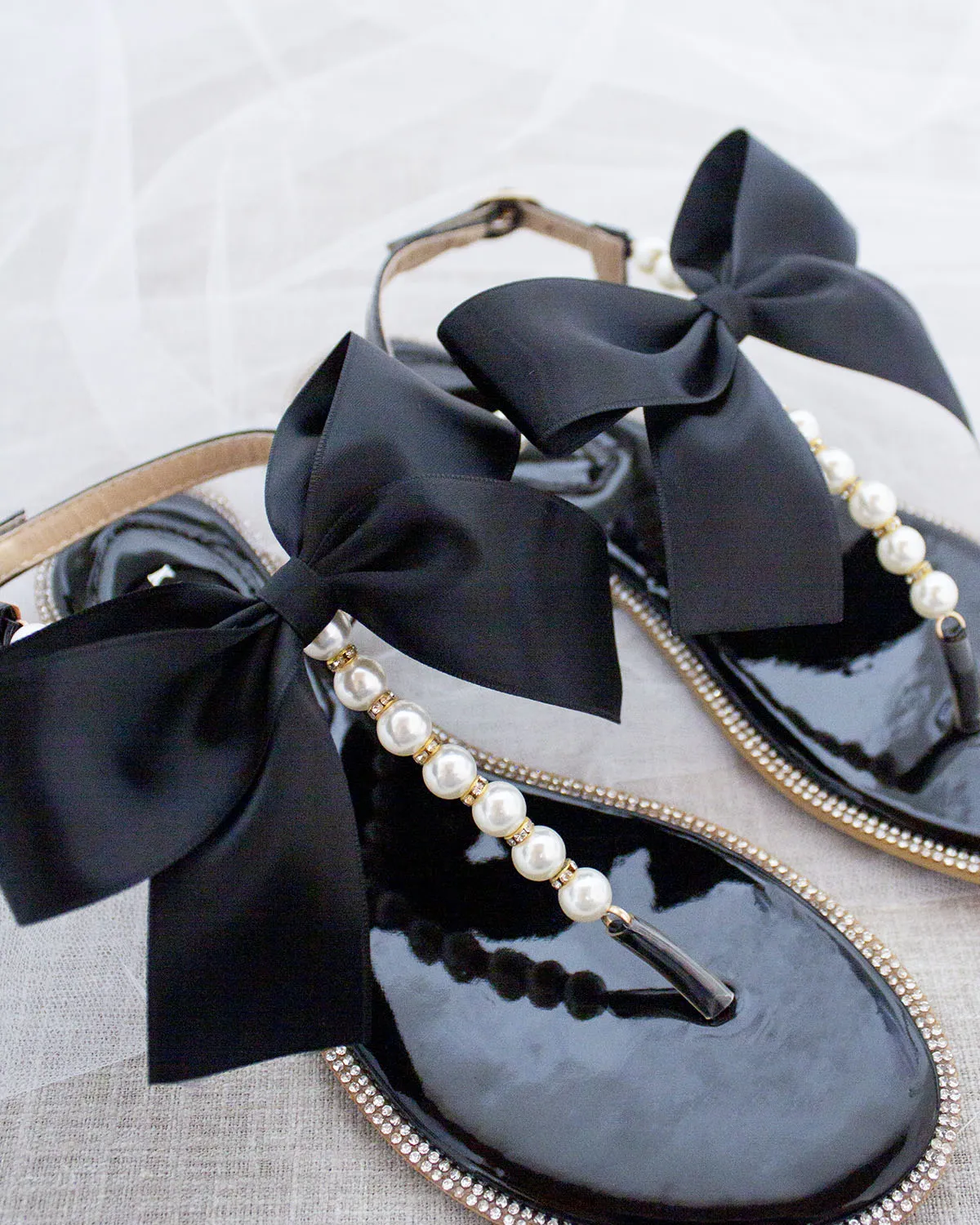 Black T-Strap Pearl Sandals with Rhinestones Embellishments and Oversized Satin Bow