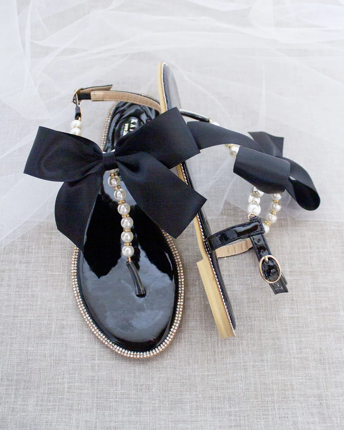 Black T-Strap Pearl Sandals with Rhinestones Embellishments and Oversized Satin Bow