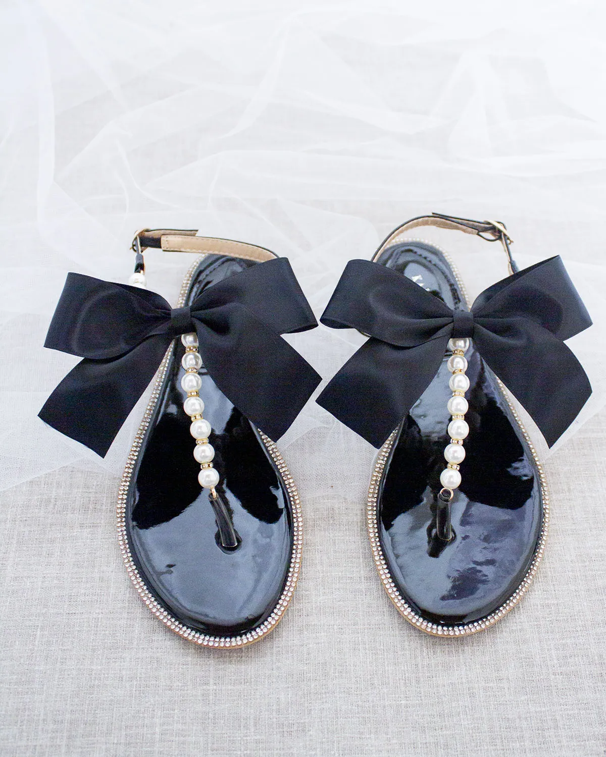 Black T-Strap Pearl Sandals with Rhinestones Embellishments and Oversized Satin Bow