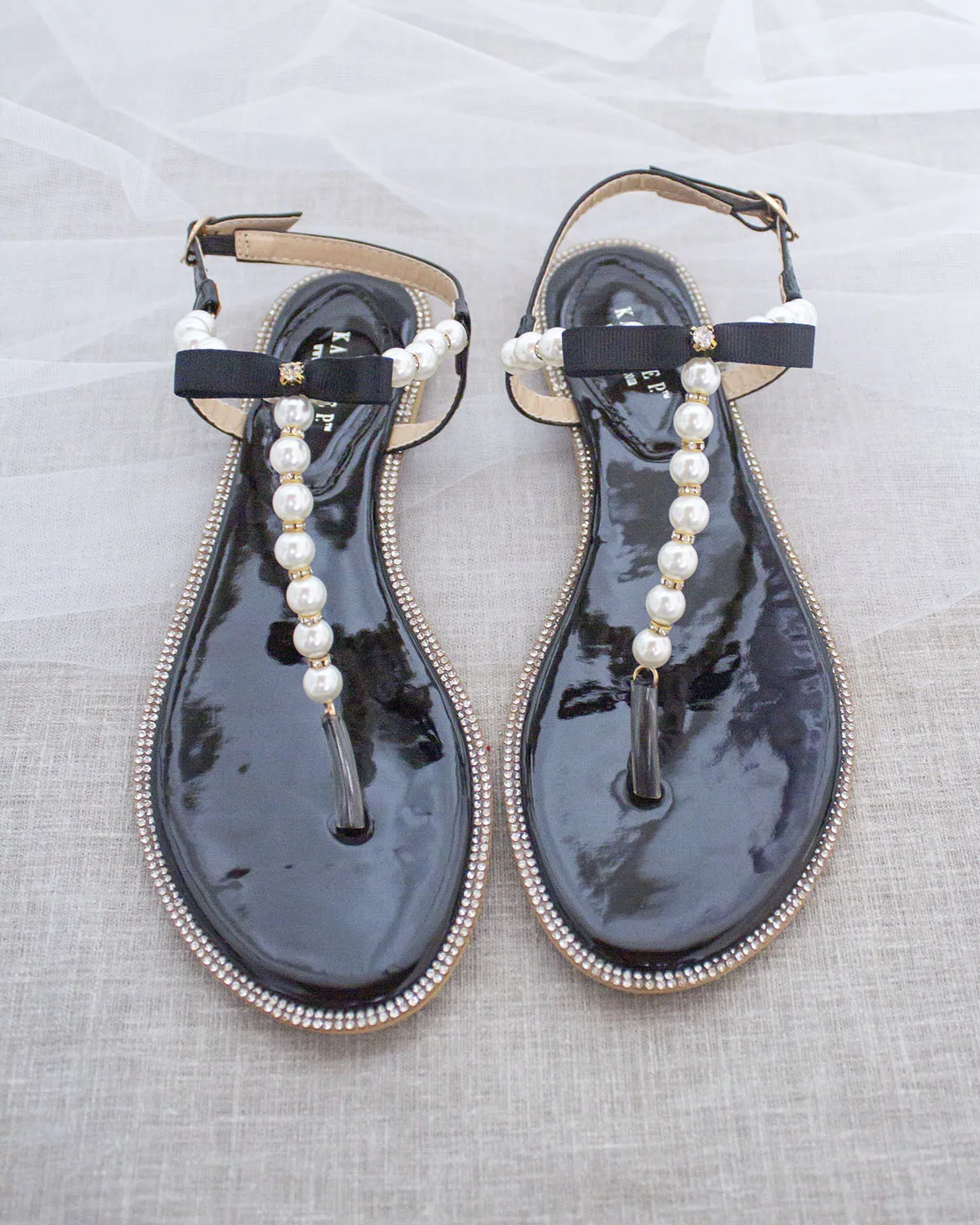 Black T-Strap Pearl Sandals with Rhinestones Embellishments