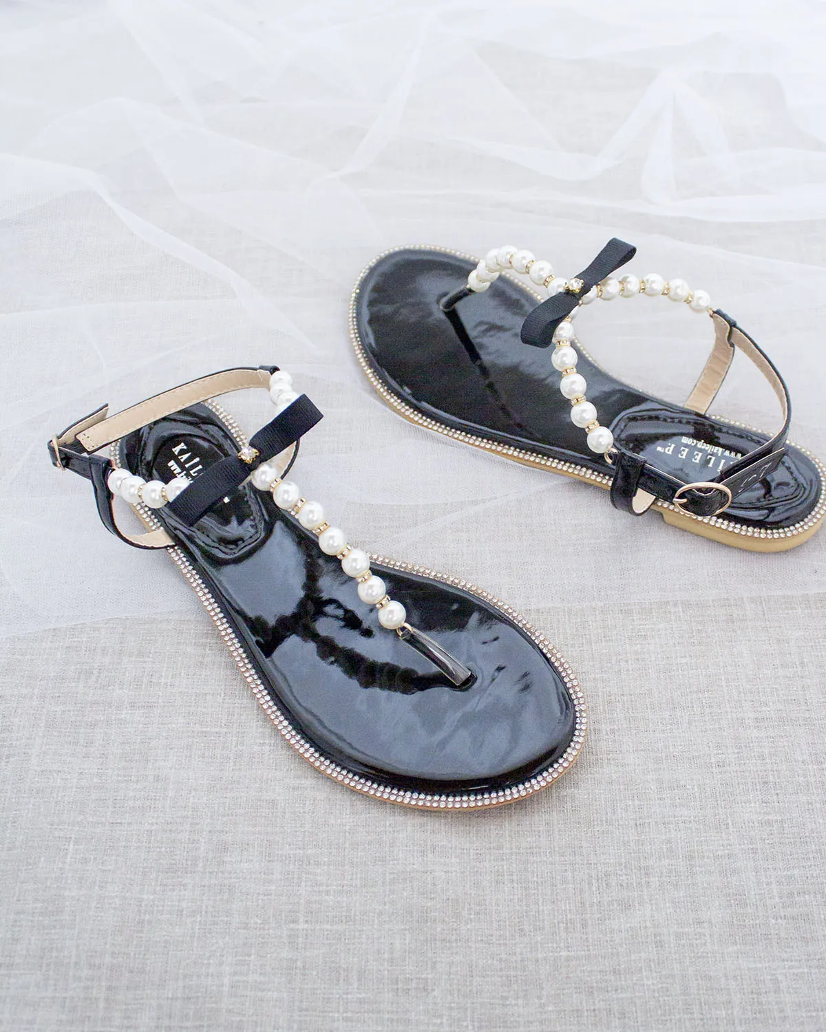 Black T-Strap Pearl Sandals with Rhinestones Embellishments