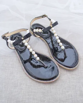 Black T-Strap Pearl Sandals with Rhinestones Embellishments