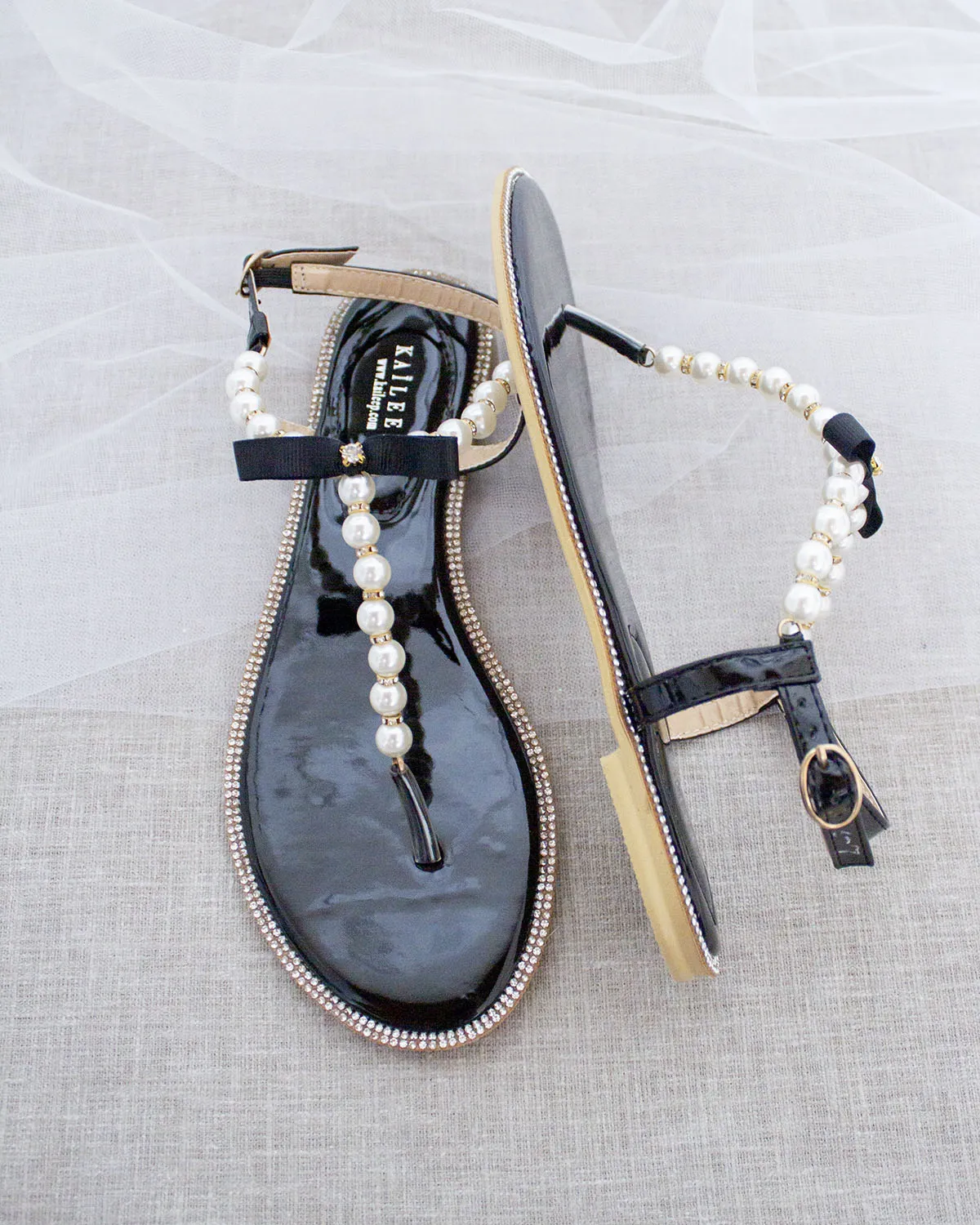 Black T-Strap Pearl Sandals with Rhinestones Embellishments