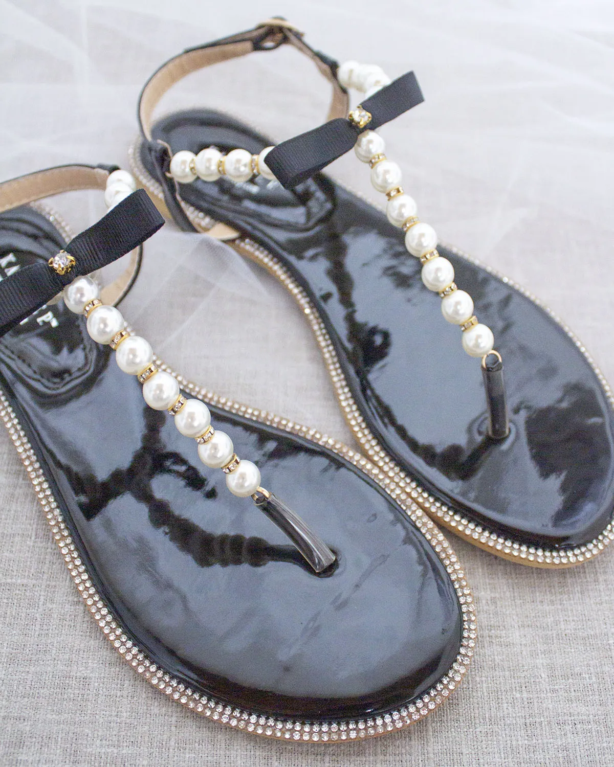 Black T-Strap Pearl Sandals with Rhinestones Embellishments