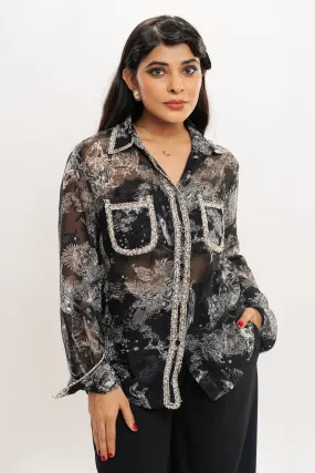 Elegant Sheer Black and White Printed Blouse for Women