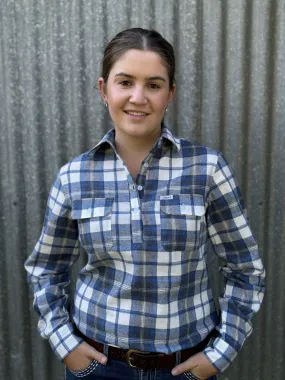 Blue Check Flannelette - 1/2 Button Front, Ladies Long Sleeve Shirt