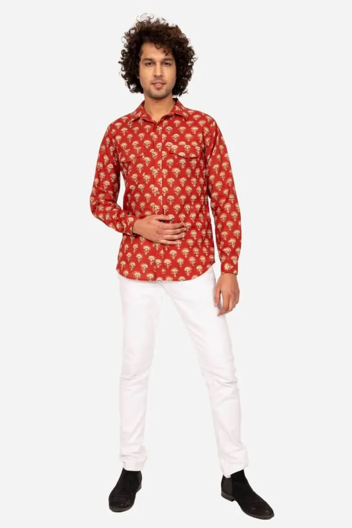 Brick Red Jahota Floral print fullsleeve Shirt