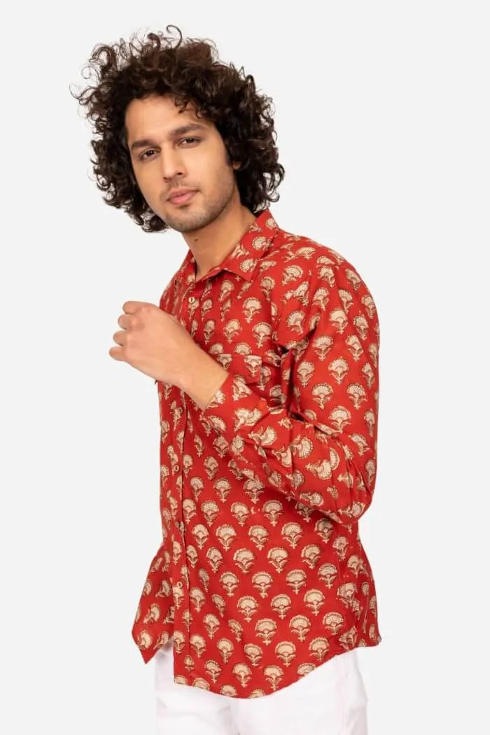 Brick Red Jahota Floral print fullsleeve Shirt