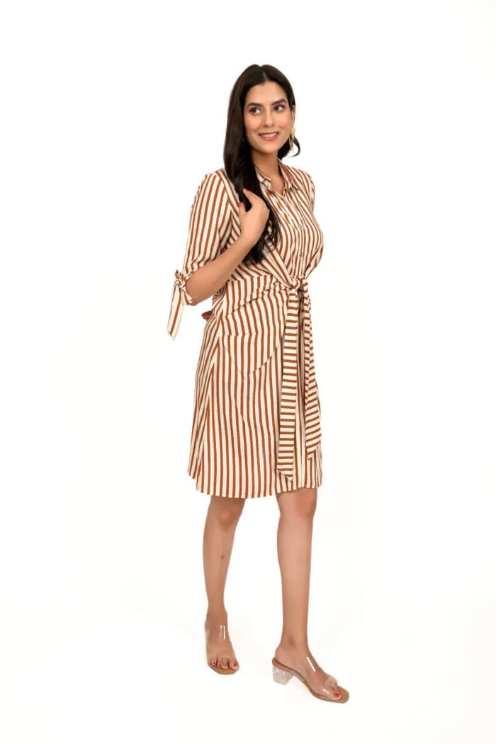 Brown And White Striped Pleated Short Dress