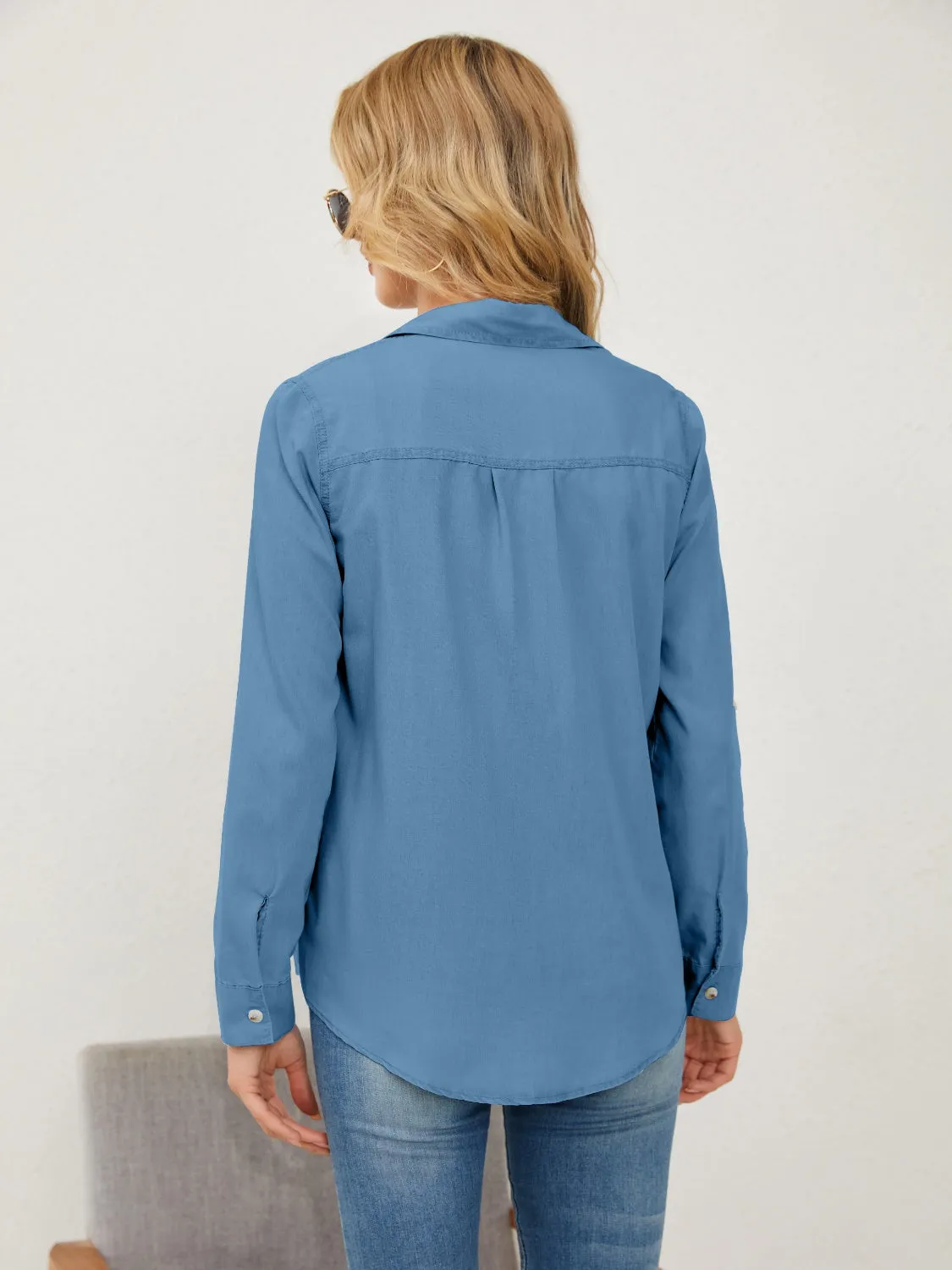 Button Up Long Sleeve Denim Shirt with Pockets