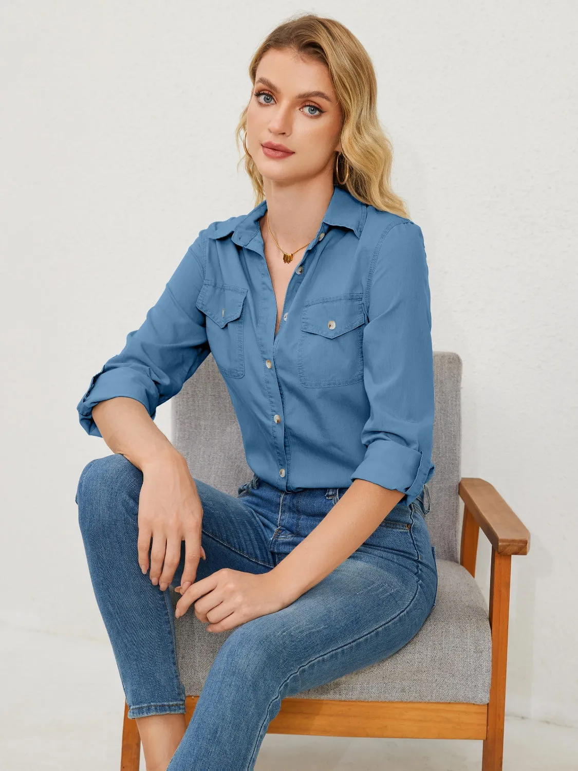 Button Up Long Sleeve Denim Shirt with Pockets