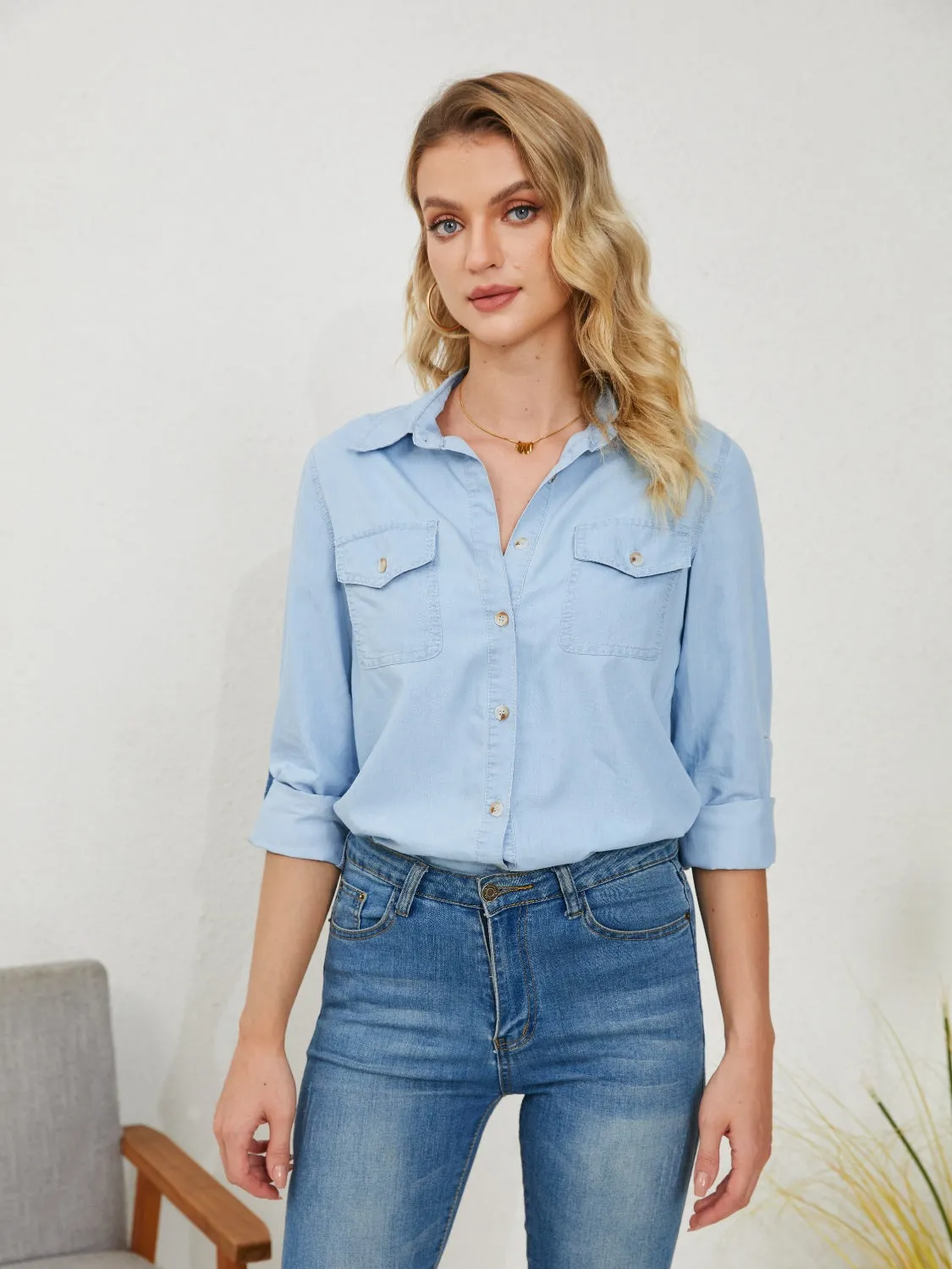 Button Up Long Sleeve Denim Shirt with Pockets