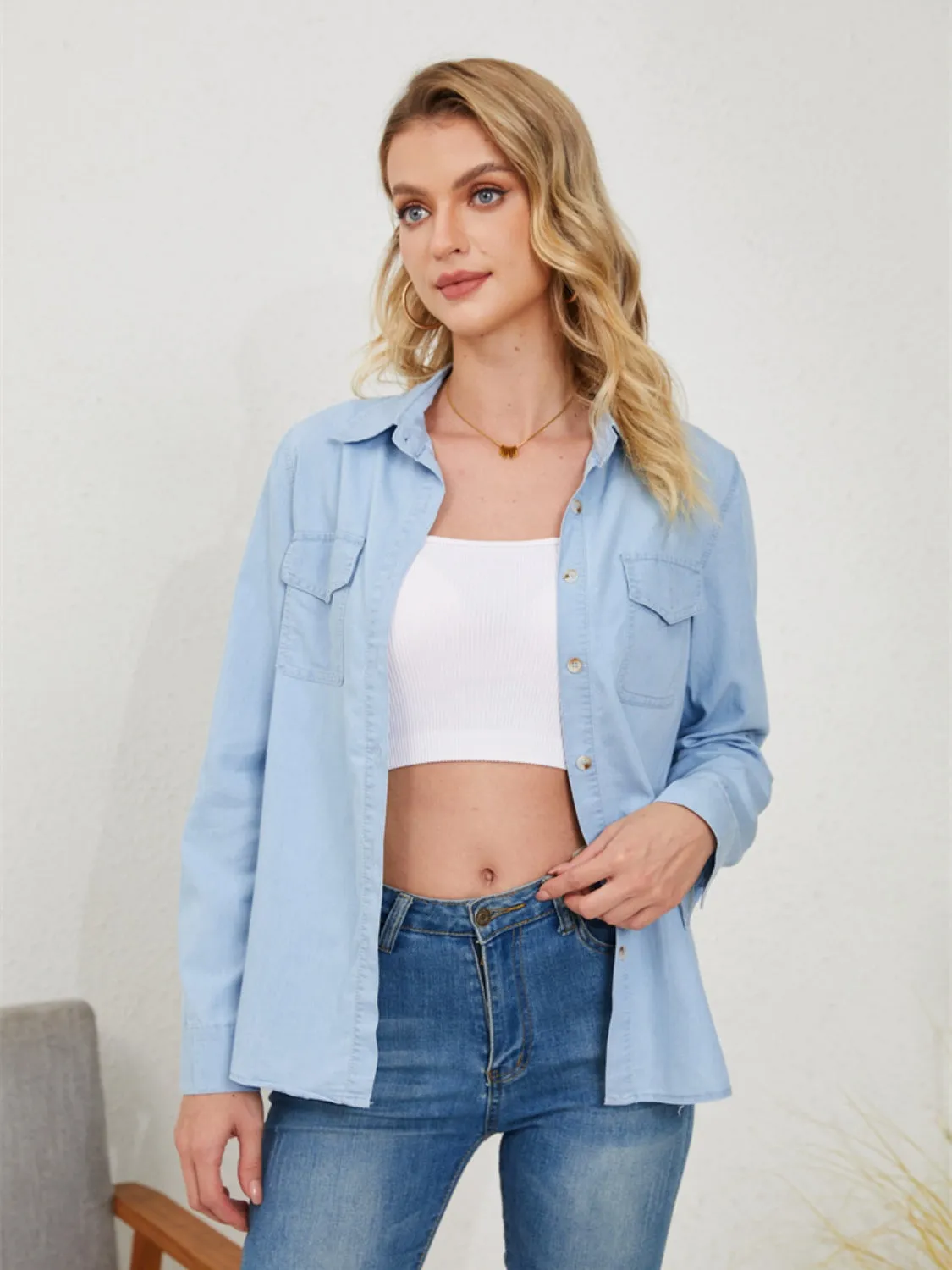 Button Up Long Sleeve Denim Shirt with Pockets