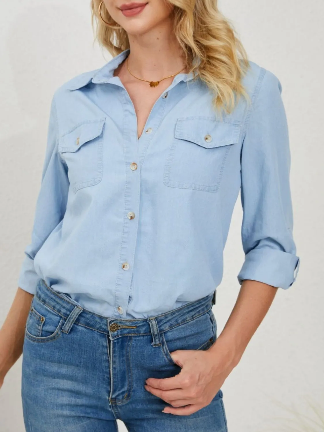 Button Up Long Sleeve Denim Shirt with Pockets