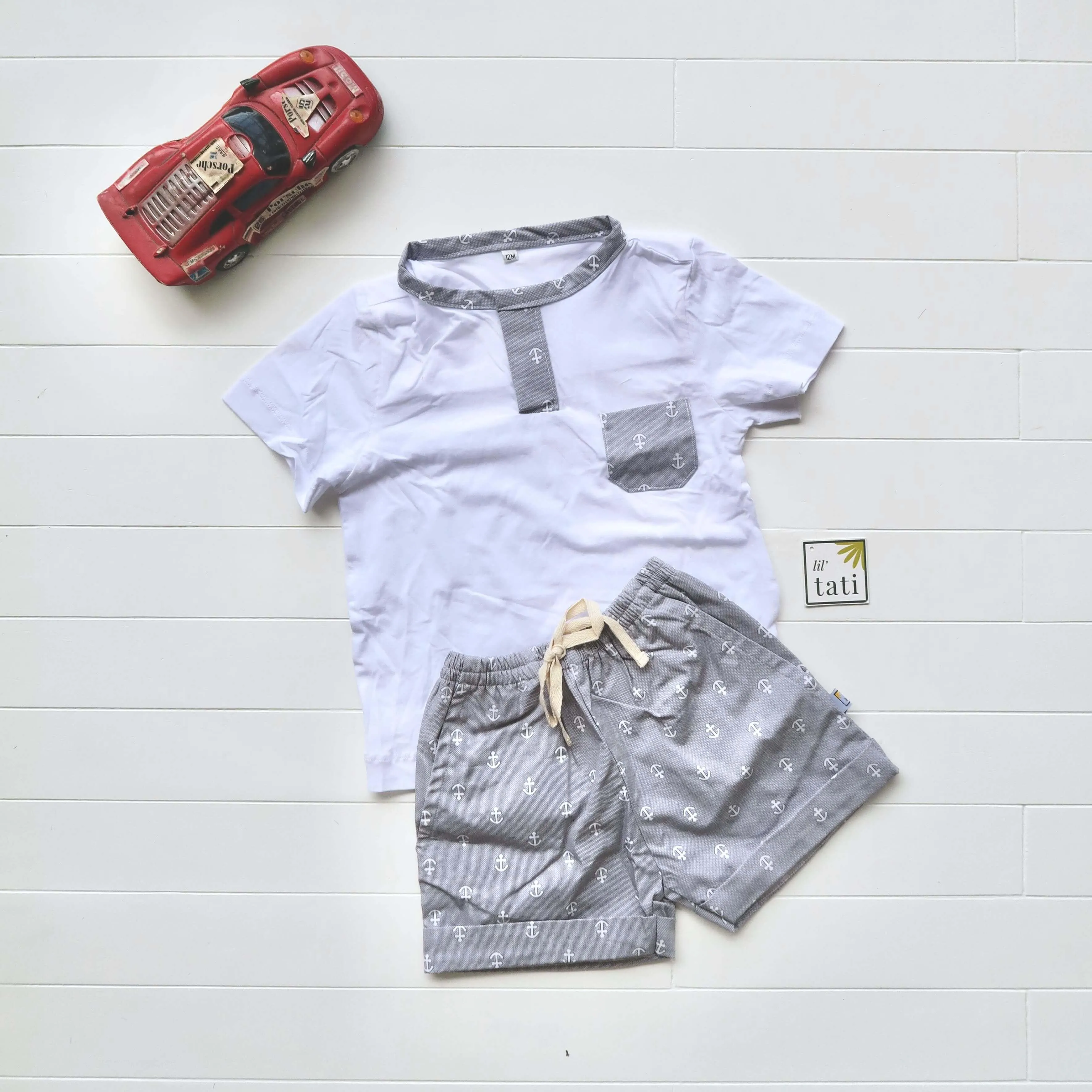 Caper Top & Shorts in Anchor Gray and White Stretch