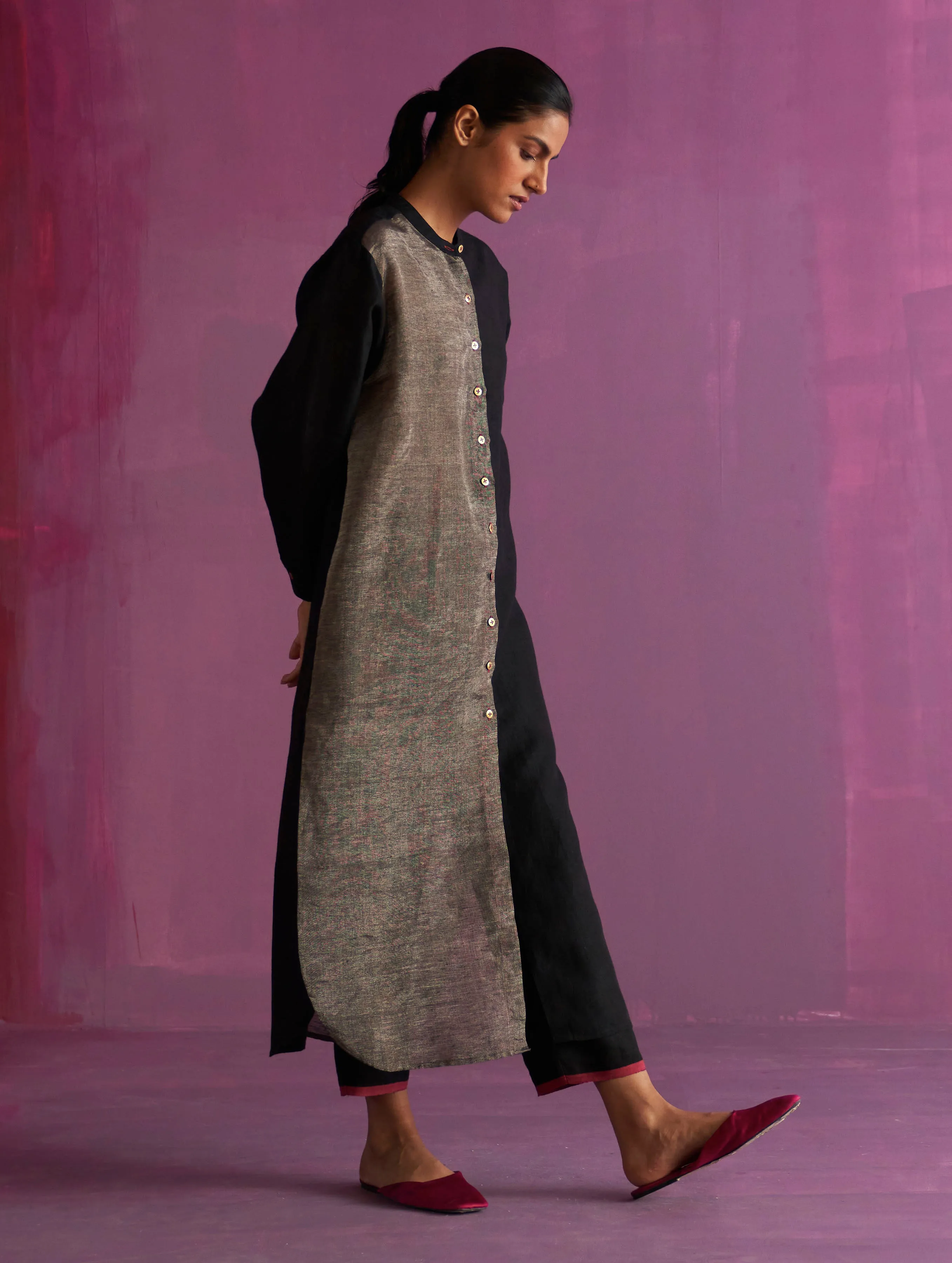 Clara Metallic Shirt Kurta - Black