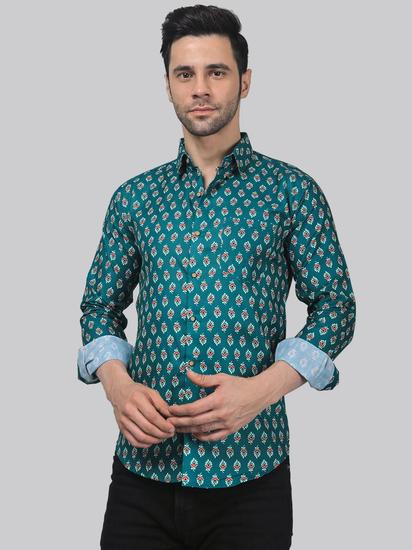 Coral Cavern Men's Printed Full Sleeve  Cotton Button-Up Shirt For Men