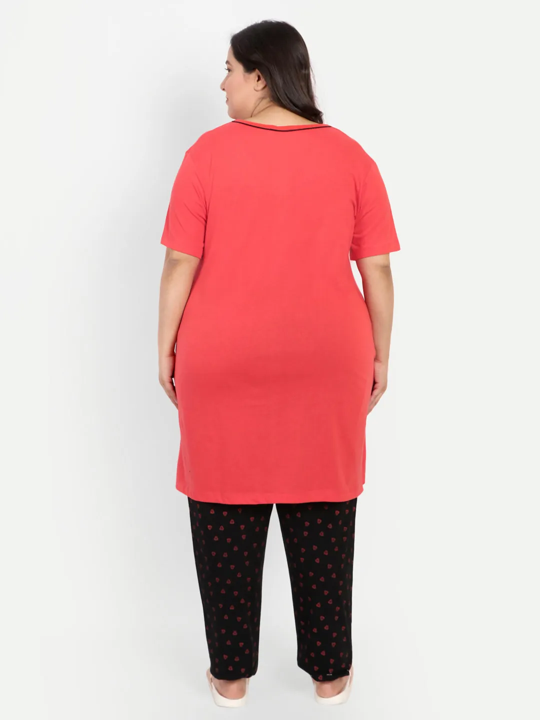 Cotton Nightsuit For Women - Long Top & Pyjama Set - Coral Red & Black