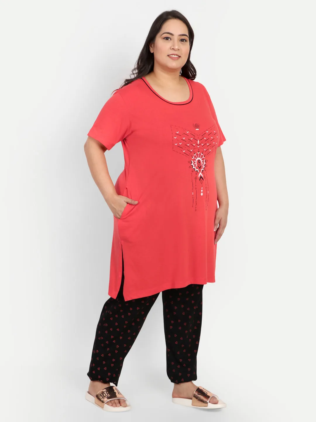 Cotton Nightsuit For Women - Long Top & Pyjama Set - Coral Red & Black