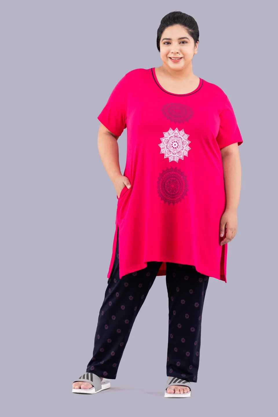 Cotton Nightsuit For Women - Long Top & Pyjama Set - Pink & Navy Blue