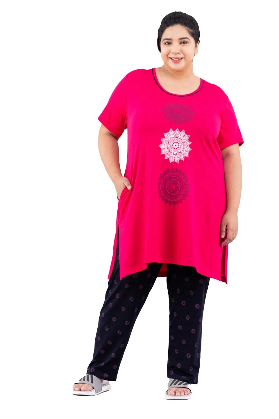 Cotton Nightsuit For Women - Long Top & Pyjama Set - Pink & Navy Blue