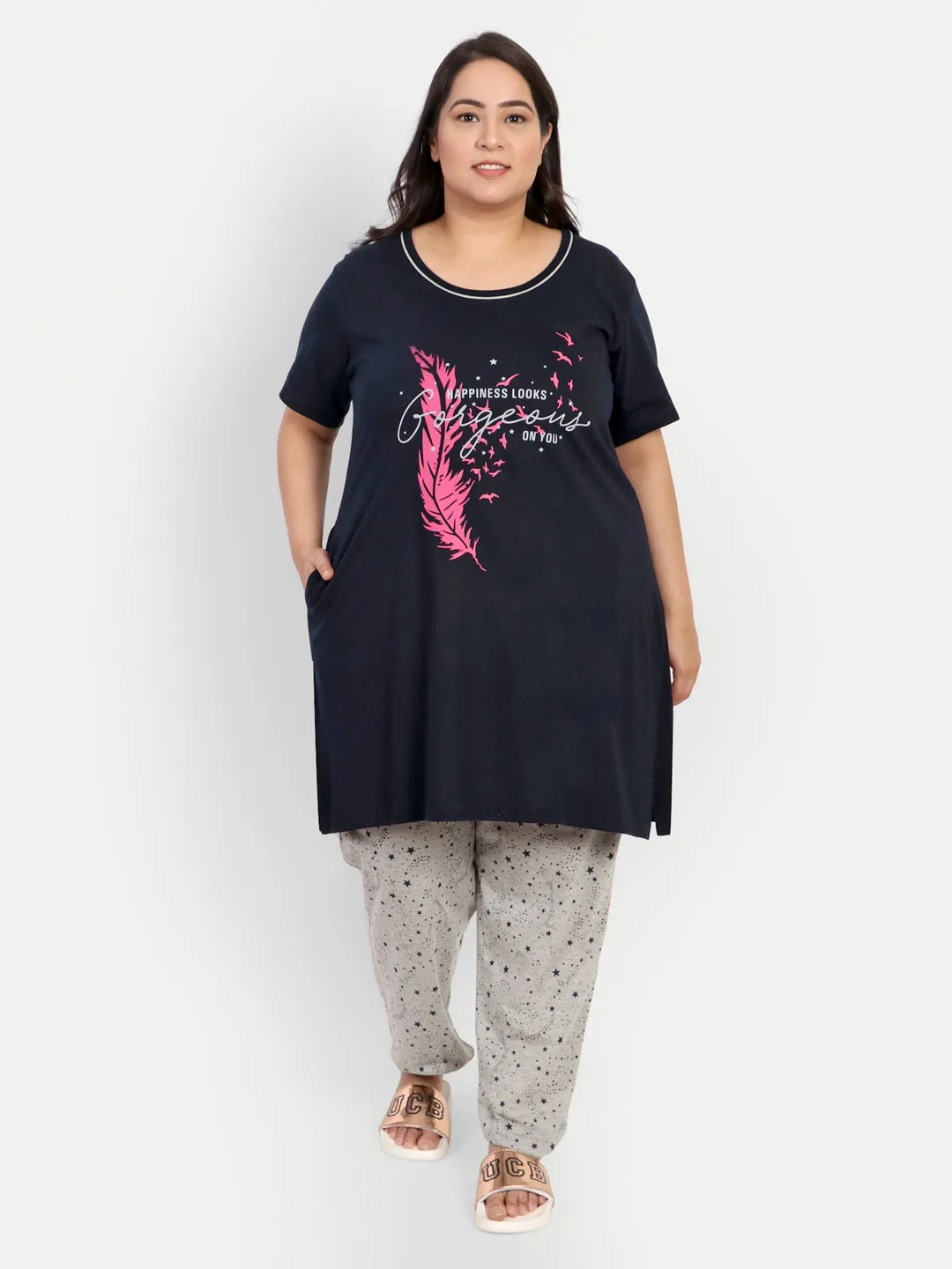 Cotton Nightsuit For Women - Long Top &Pyjama Set - Navy Blue & Grey