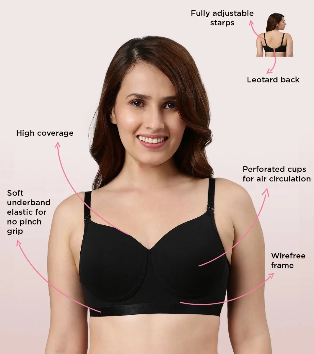 Enamor Fab-Cool A165 Antimicrobial Ultimate Coverage Cotton T-shirt Bra for Women- High Coverage, Padded and Wirefree - Black