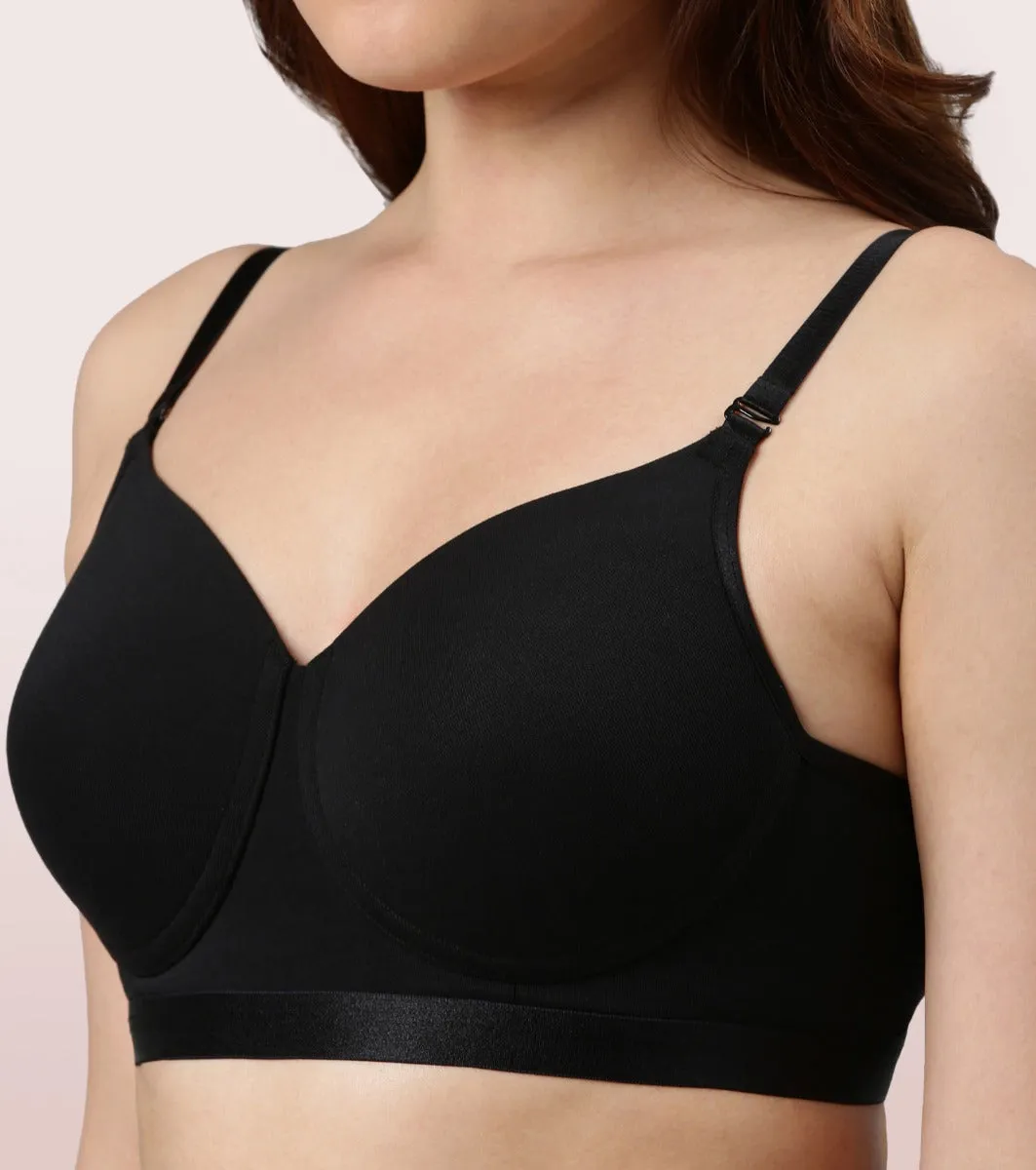 Enamor Fab-Cool A165 Antimicrobial Ultimate Coverage Cotton T-shirt Bra for Women- High Coverage, Padded and Wirefree - Black