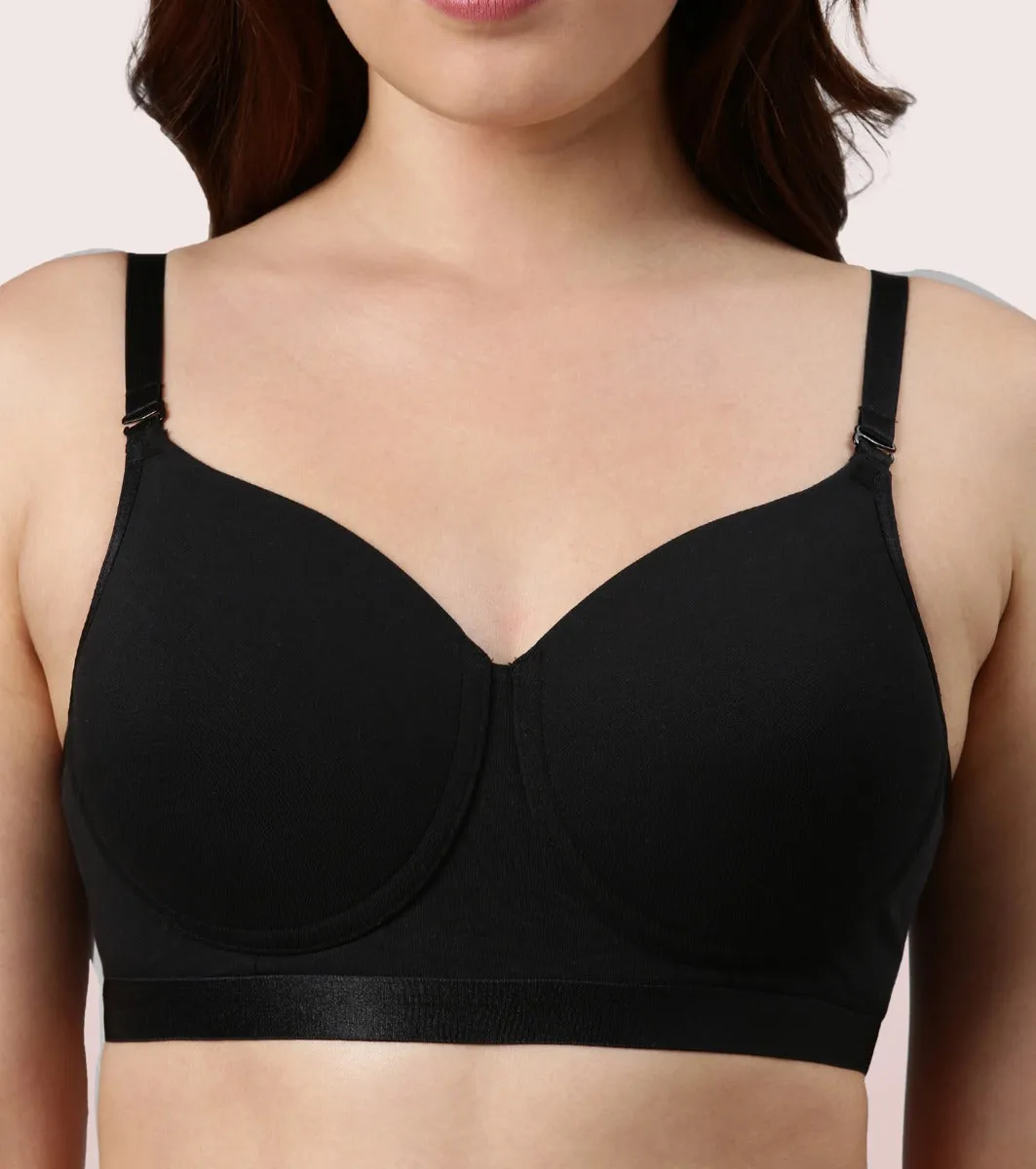 Enamor Fab-Cool A165 Antimicrobial Ultimate Coverage Cotton T-shirt Bra for Women- High Coverage, Padded and Wirefree - Black