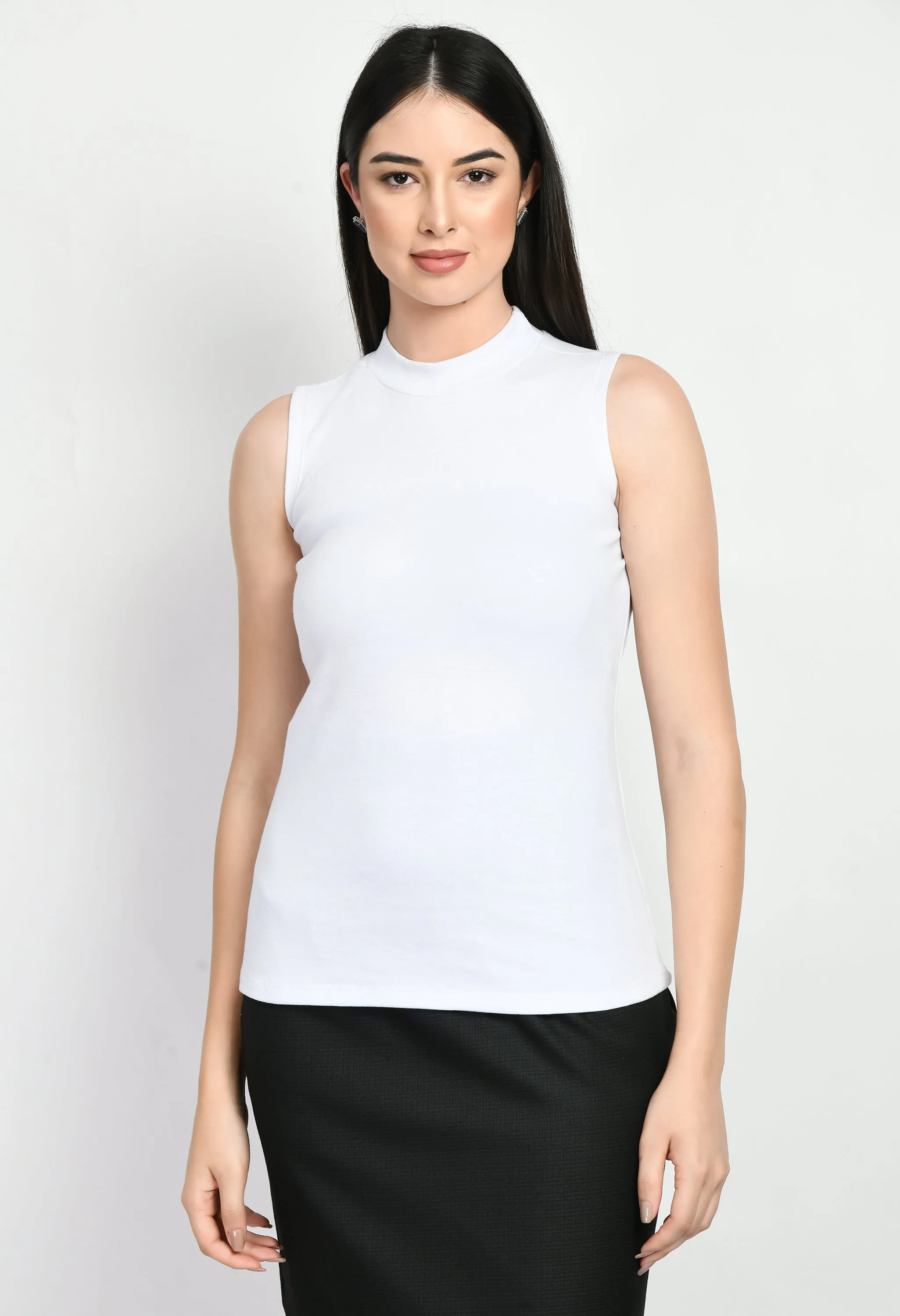 Exude Prudence High Neck Sleeveless T-shirt (White)