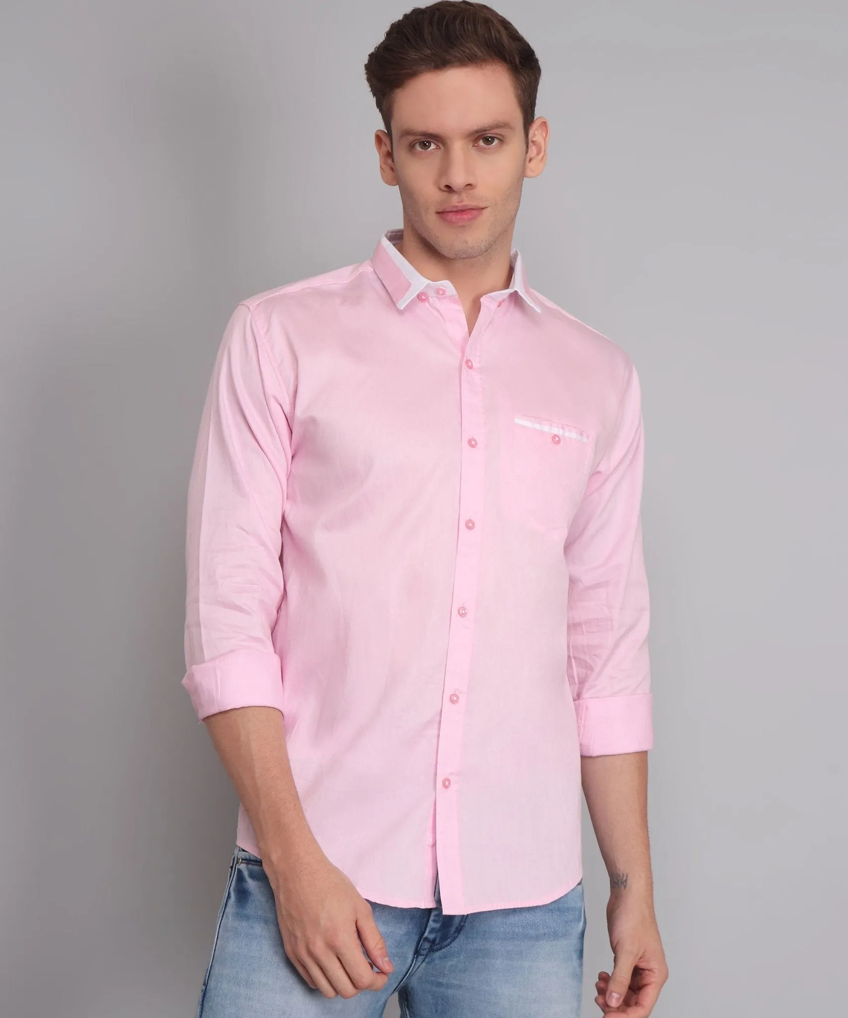 Fancy Fabulous TryBuy Premium Pink Solid Cotton Button-Up Shirt for Men