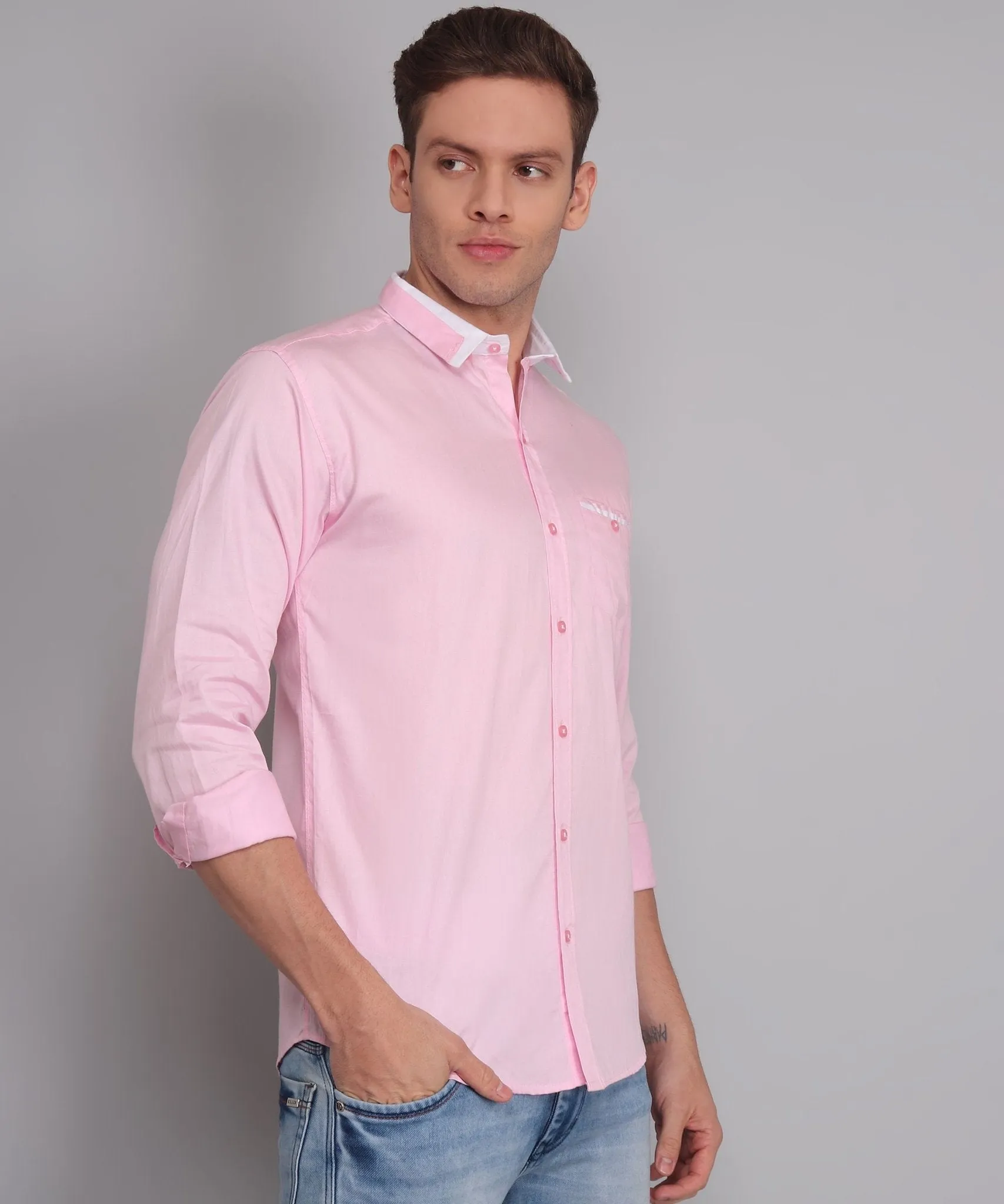 Fancy Fabulous TryBuy Premium Pink Solid Cotton Button-Up Shirt for Men