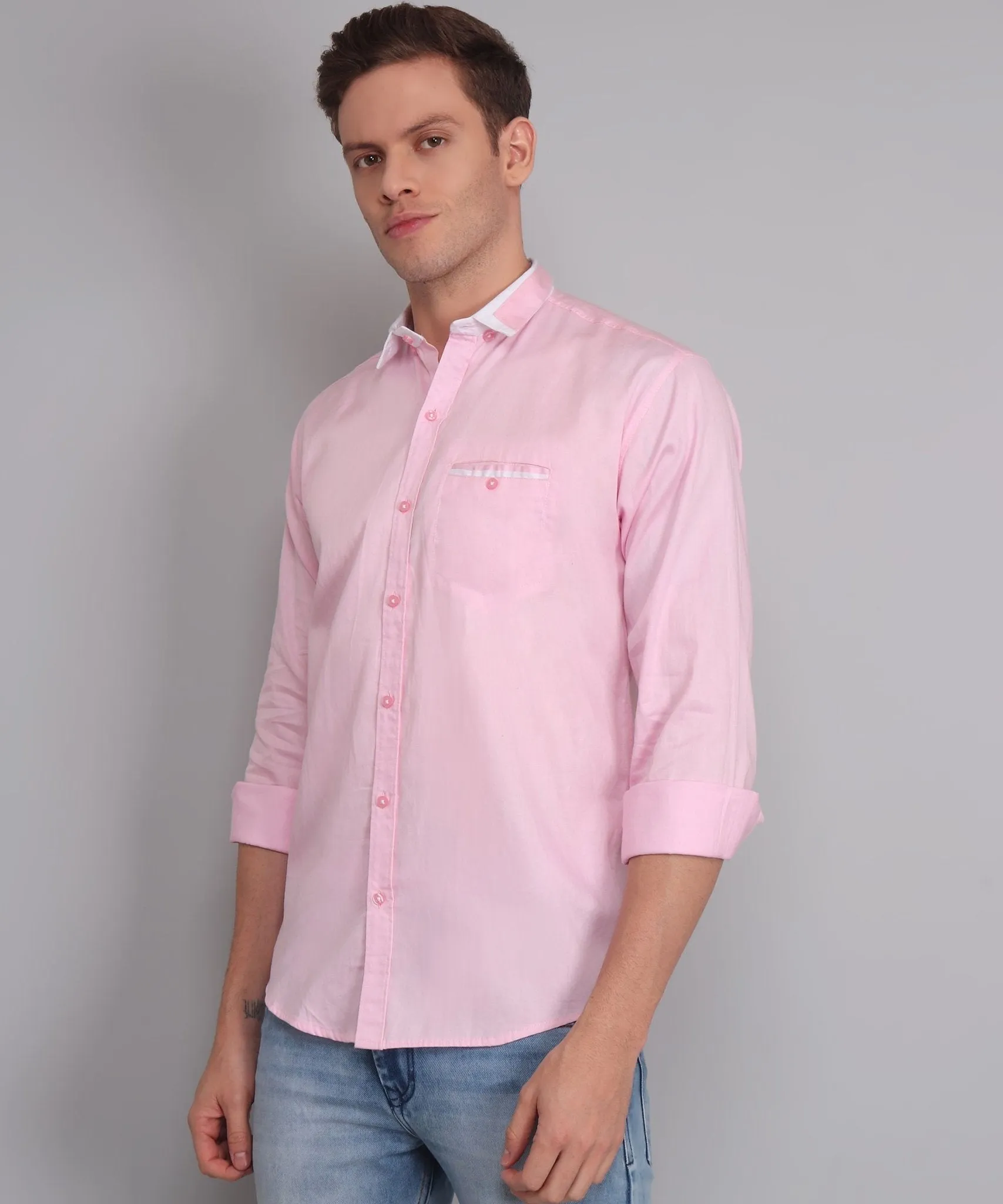 Fancy Fabulous TryBuy Premium Pink Solid Cotton Button-Up Shirt for Men