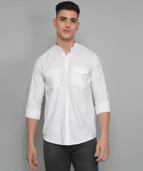 Fancy Fabulous TryBuy Premium White Solid Cotton Linen Double Pocket  Button-Up Shirt For Men