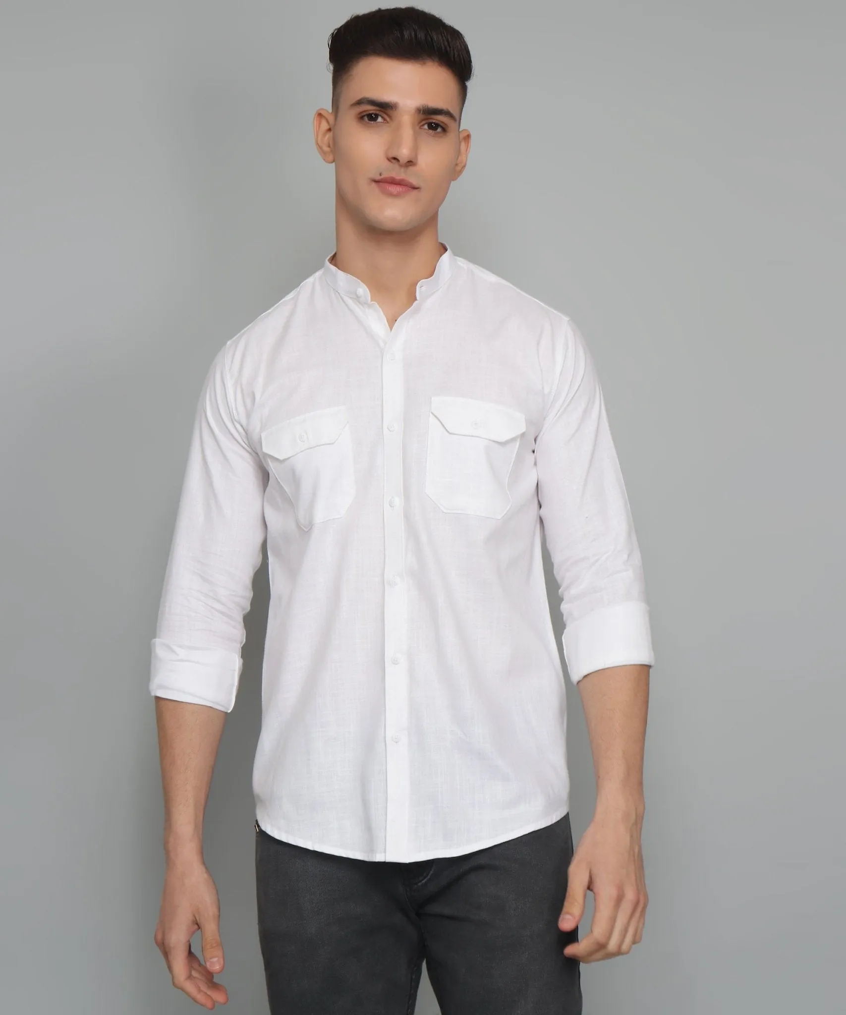 Fancy Fabulous TryBuy Premium White Solid Cotton Linen Double Pocket  Button-Up Shirt For Men