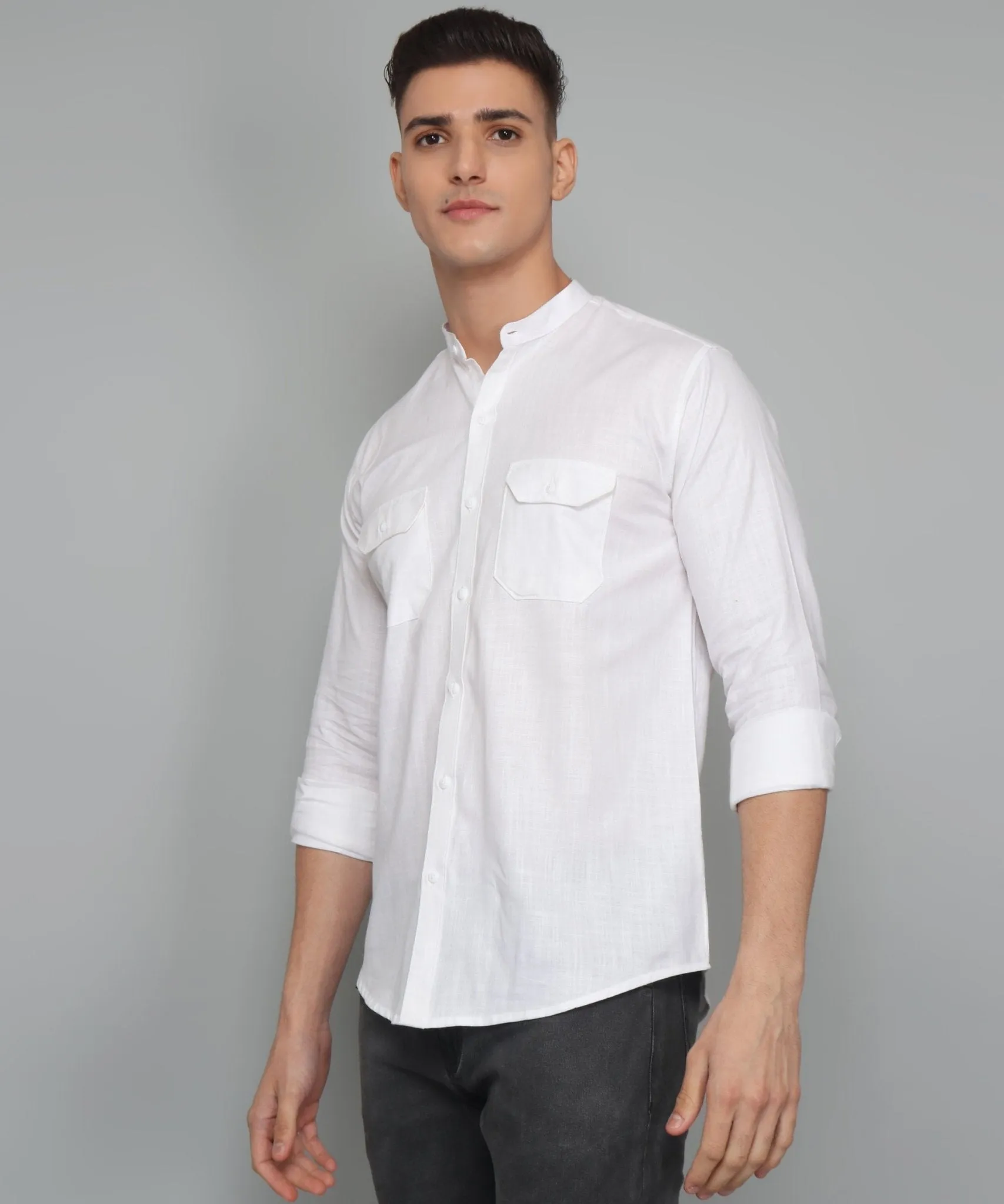 Fancy Fabulous TryBuy Premium White Solid Cotton Linen Double Pocket  Button-Up Shirt For Men