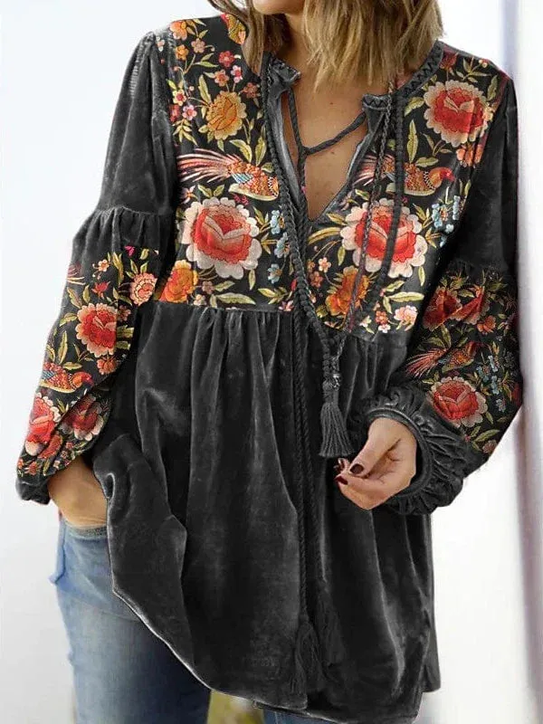 Floral Print Peplum Sleeve Blouse with Long Sleeves