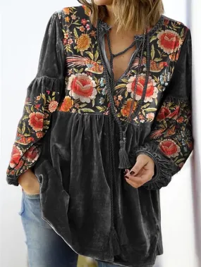 Floral Print Peplum Sleeve Blouse with Long Sleeves