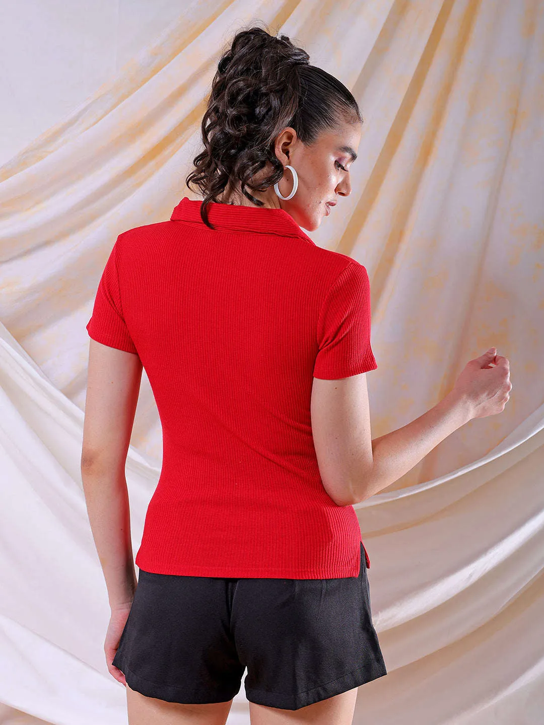 Freehand Women Red Fitted Solid Collared Shirt Style