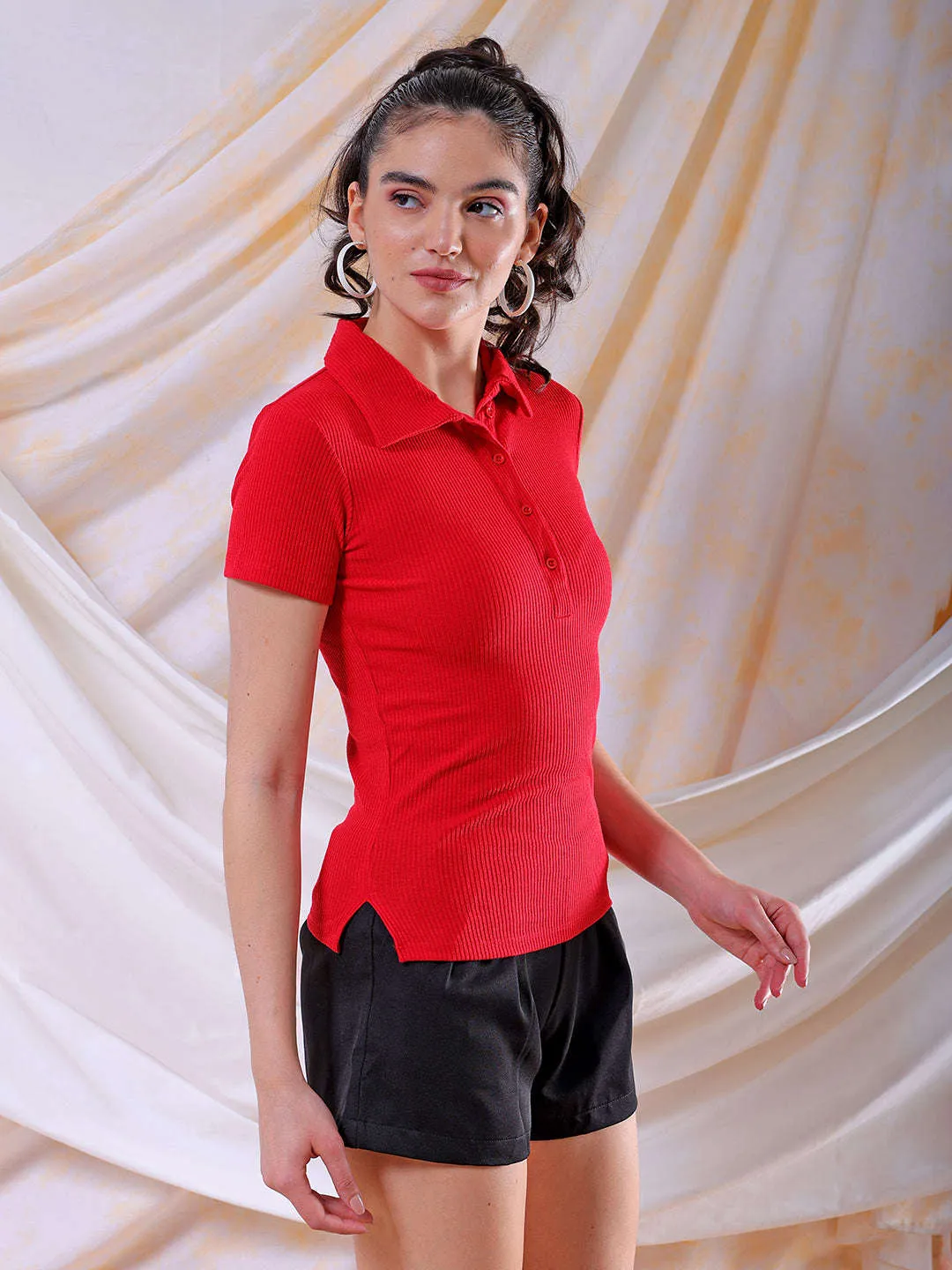 Freehand Women Red Fitted Solid Collared Shirt Style