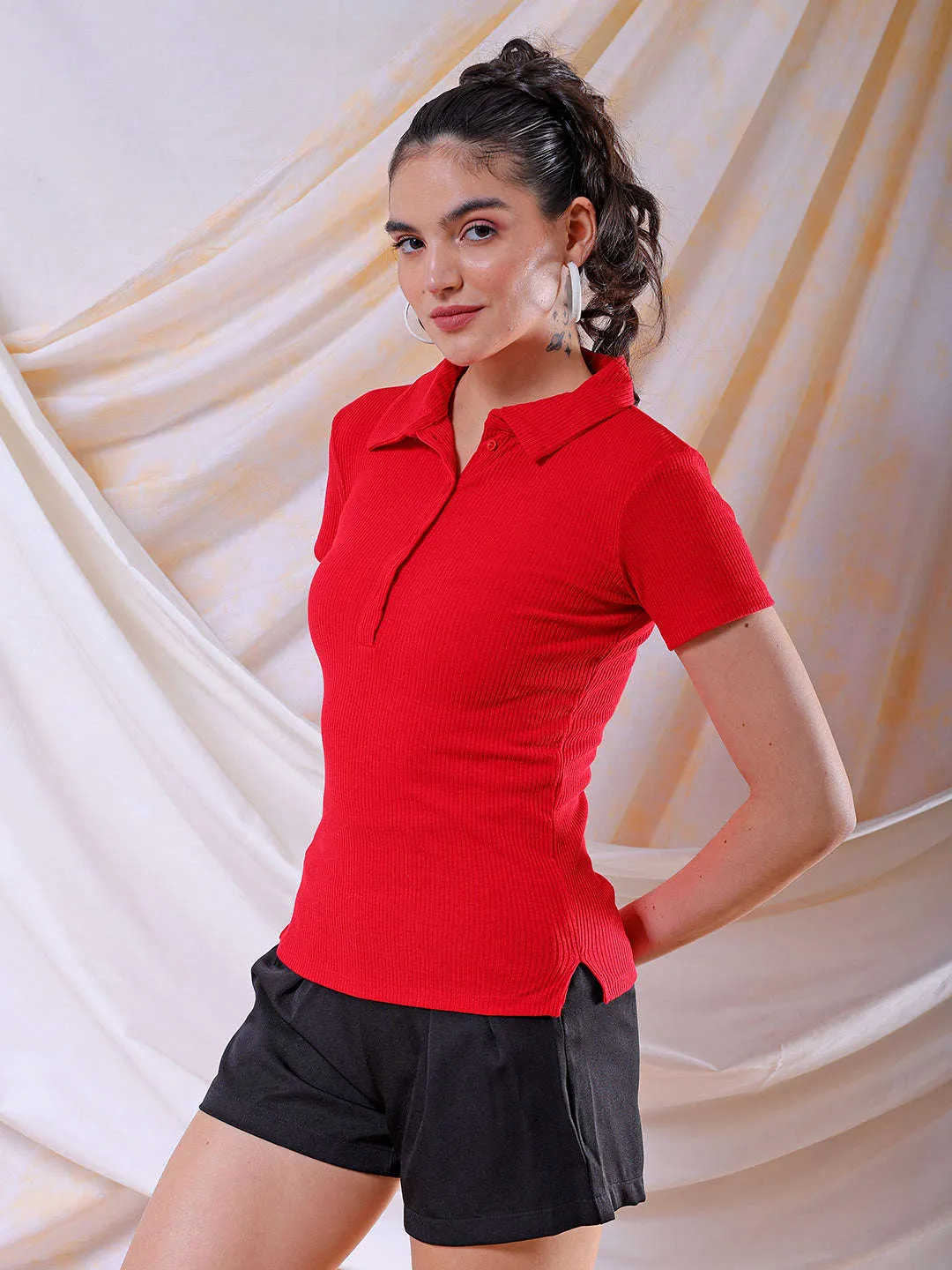 Freehand Women Red Fitted Solid Collared Shirt Style